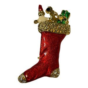 Red enamel Rhinestone Christmas Stocking  toys car present pin brooch Holiday
